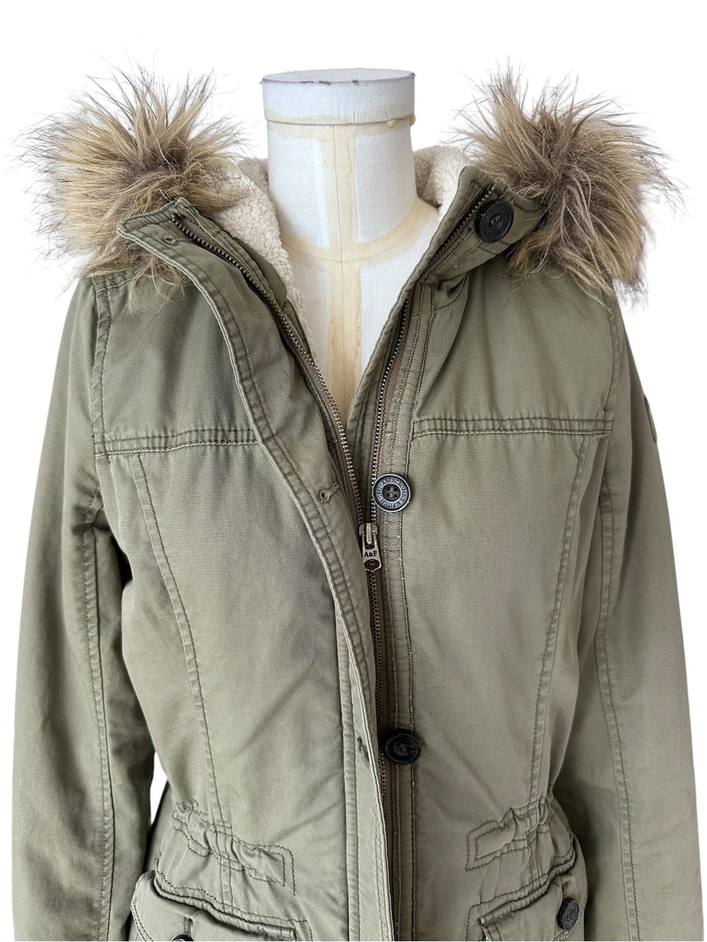 Abercrombie & Fitch Women’s Y2K Sherpa Lined Military Parka Fur Trim Hood Medium - Picture 5 of 16